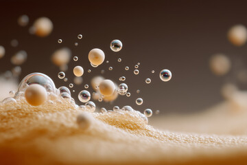 Close-up of yeast metabolism process illustrated through CO bubbles rising in warm liquid, scientific mood, clean macro, 