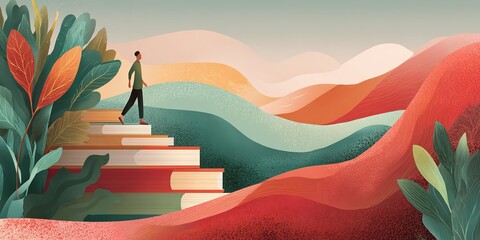 Person walking on giant books with colorful hills in the background at sunrise
