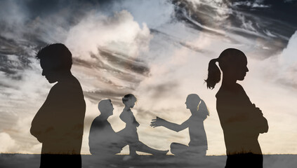 Broken Family Silhouette and Child Between Arguing Parents – Conflict, Divorce, and Emotional Distance