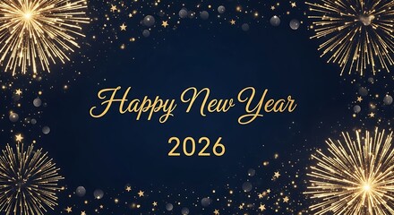 Photo of happy new year 2026 with golden fireworks on a dark blue background, perfect for greeting cards, banners, and social media posts for the holiday season