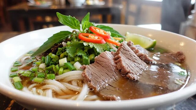 A Steaming Bowl of Traditional Vietnamese Beef Pho Noodle Soup.