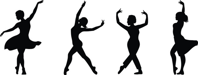 ballet dancer silhouettes, graceful poses, contemporary movement, dance art, expressive motion, black figures, elegance, flat vector illustration