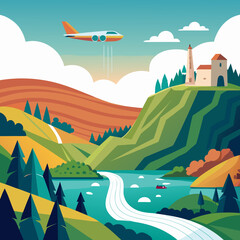 Naklejka premium Whimsical aerial adventure unfolds as a retro airplane soars above a verdant landscape, complete with rolling hills, tranquil lake, and quaint hilltop architecture, inviting exploration