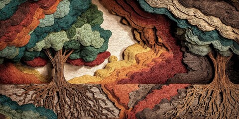 Colorful landscape featuring two trees displaying intricate details of roots and textured foliage in a vibrant setting
