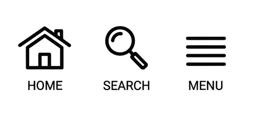 Simple black and white home search and menu icons for web design
