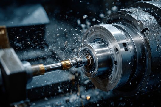A metal lathe is shown in action, with its precision cutting and chips flying, perfectly illustrating the process of machining and manufacturing - Powered by Adobe