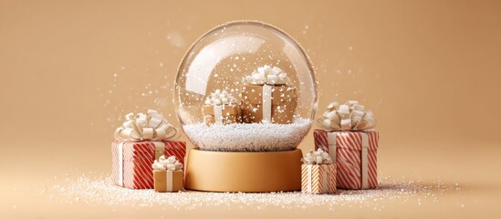 Festive Snow Globe Scene with Gifts and Warm Tones.