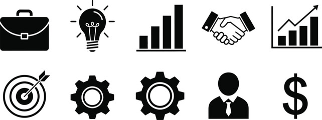 Business and finance icons set in black and white silhouette style
