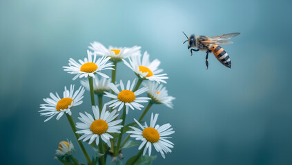 Bee Pollinating White Daisies - Close-up Macro Shot of Nature with Blurred Green Background, Symbolizing Spring and Serenity