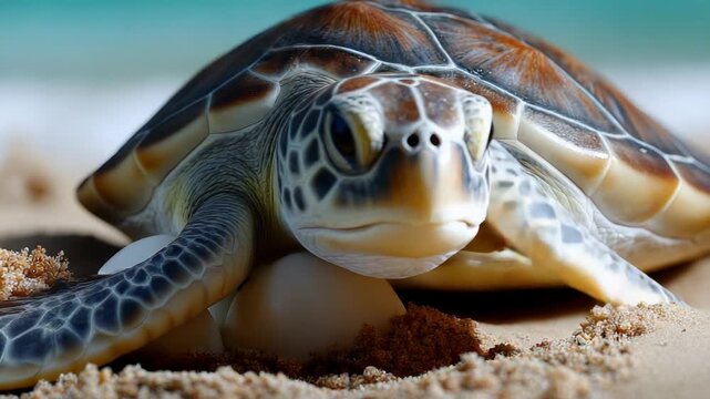 close-up of eggs laid by a turtle laying eggs on the ocean shore,,copy space