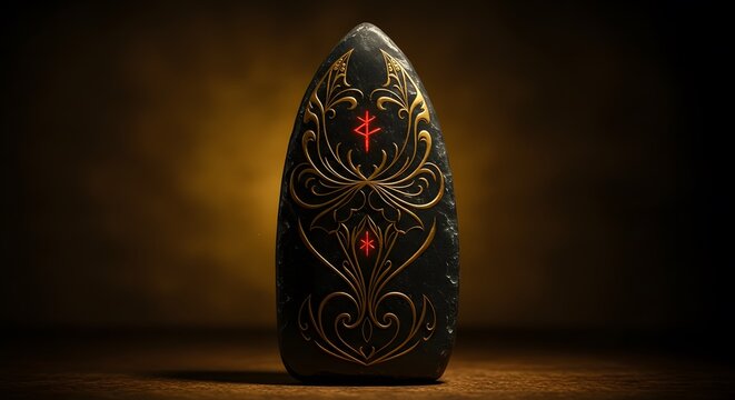 stylized black stone object with ornate gold and red gemstone carving for fantasy book covers, luxury jewelry advertisements, and esoteric blog headers