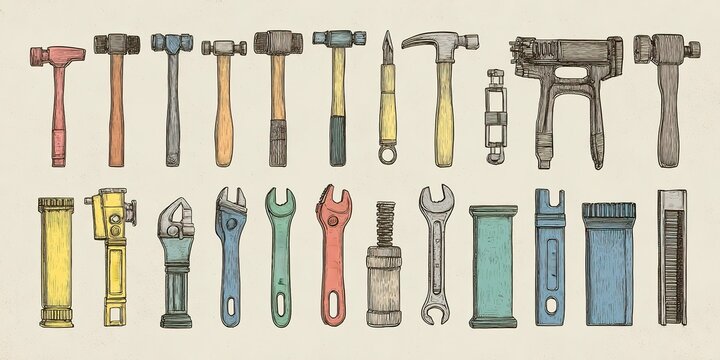 Collection of various hand tools displayed in organized rows for easy identification and use in crafting and repairs