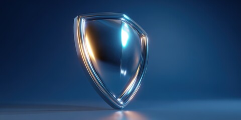 Shiny metallic shield with reflections on a blue background in a modern style