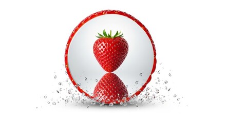 A ripe red strawberry framed in a red oval shape on a white background