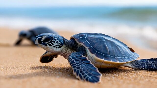 Baby turtles hatched from eggs on the ocean shore, wildlife conservation concept