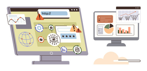 Computers with data charts, security alerts, and warning icons highlighting web vulnerabilities and online shopping risks. Ideal for cybersecurity, e-commerce, online safety, IT, data protection
