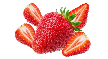 Fresh ripe strawberries, whole and sliced, isolated on white background