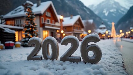 Snowy alpine village with festive decorations and 2026 sculpture in winter wonderland christmas scene 
 - Powered by Adobe