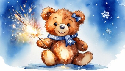 Watercolor illustration Teddy bear holding sparkler in paw, celebration mood, snowflakes falling
