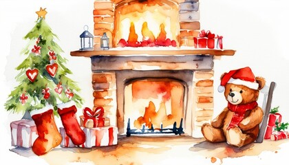 Watercolor illustration Teddy bear sitting beside fireplace with Christmas stockings, cozy home interior