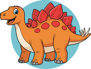 Cartoon stegosaurus dinosaur, orange body, red plates, smiling character, kids illustration, friendly design, educational content, playful pose, white background