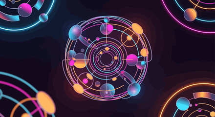 Abstract neon glowing network with circles and spheres