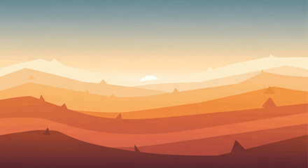 Minimalist flat design landscape with layered mountains at sunset
