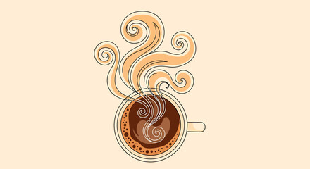 Topdown view of a steaming cup of coffee with decorative swirls