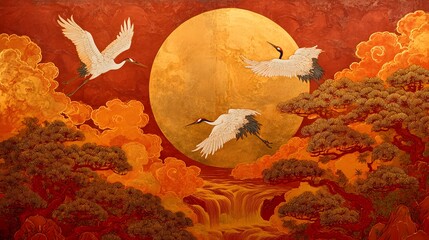 Japanese crane illustration with moon and landscape artistic background design