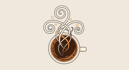 Top view of a steaming coffee cup with ornate steam design