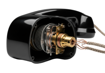 Deconstructed black Bakelite phone receiver, exposing intricate copper wiring and brass contacts, isolated on a transparent background with dramatic lighting. Concept of engineering beauty