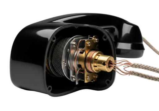 Deconstructed black Bakelite phone receiver, exposing intricate copper wiring and brass contacts, isolated on a transparent background with dramatic lighting. Concept of engineering beauty - Powered by Adobe