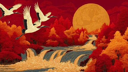 Oriental Landscape Painting with Cranes Waterfall Trees and Full Moon Art
