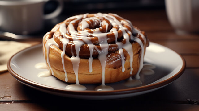 Deliciously frosted cinnamon roll served on a plate, a perfect sweet treat.