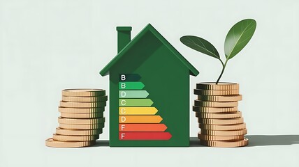 Green house with energy rating and stacks of gold coins image