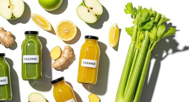 Assorted fresh juices with ginger, celery, and fruits on white background - Powered by Adobe