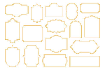 Simple gold frames. Antique geometric border collection, elegant decorative shiny golden elements for greeting card invitation, luxury vintage linear design. Vector frame set