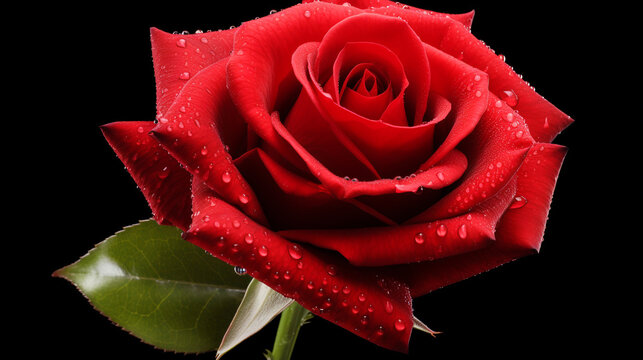 Vibrant red rose with water droplets on petals, symbolizing love and beauty - Powered by Adobe