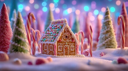 Festive gingerbread house surrounded by candy canes and christmas trees