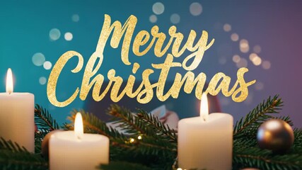 Merry Christmas gold lettering animation with candles and fir branches. Festive holiday text sequence featuring glowing ornaments and seasonal greenery for winter celebrations - Powered by Adobe