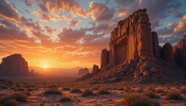 Desert landscape with rock formations at sunset time - Powered by Adobe