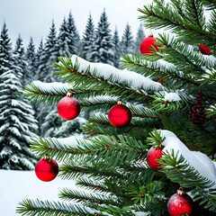 christmas and new year holidays concept. Red balls on fir branches, winter snowy backdrop 