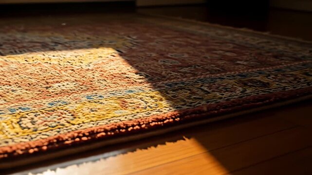 Sunlight patch on a traditional patterned rug, highlighting texture and warm colors on a wooden floor.