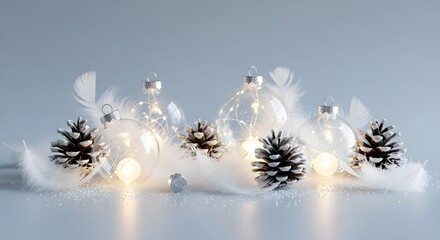 Clear glass christmas ornaments with fairy lights, pinecones, and white feathers decor