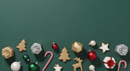 Festive christmas ornaments, gifts, candy canes, and cookies on a green background.