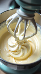 A modern planetary mixer whisk attachment lifting smooth whipped cream from stand mixer bowl. Thick white peaks demonstrate perfect consistency for baking and dessert preparation. Vertical closeup.