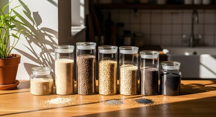 Fototapeta premium Assortment of diverse dry grains and seeds stored in glass jars on a sunny kitchen counter