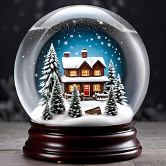 Classic christmas snow globe with a winter cabin scene  