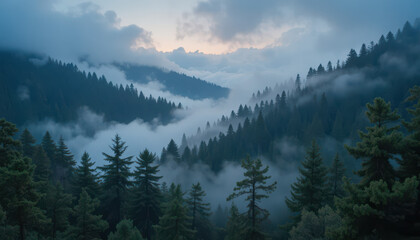 A foggy mountain valley with dense evergreen trees