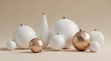 Modern white and gold christmas ornaments on light background for festive holiday decor